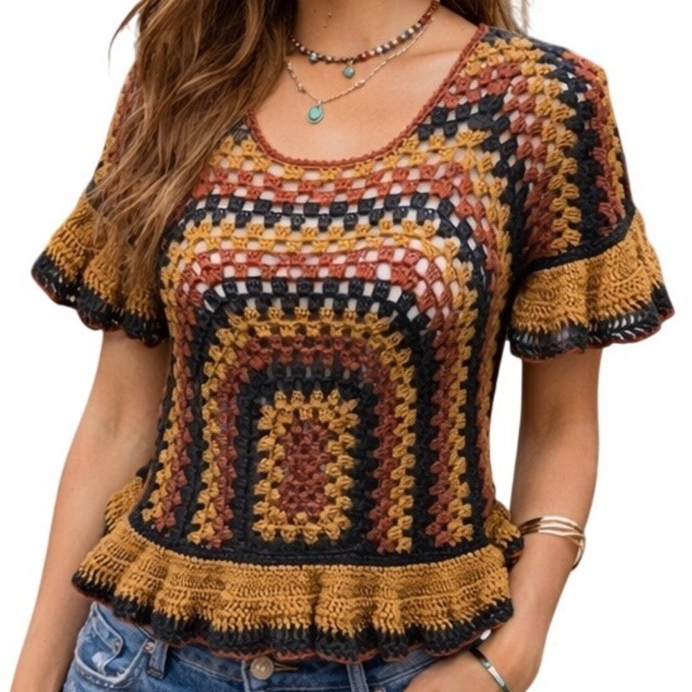Zara Women's Brown Black Ruffle‎ Sleeve Crochet Boho Blouse Top Size Medium